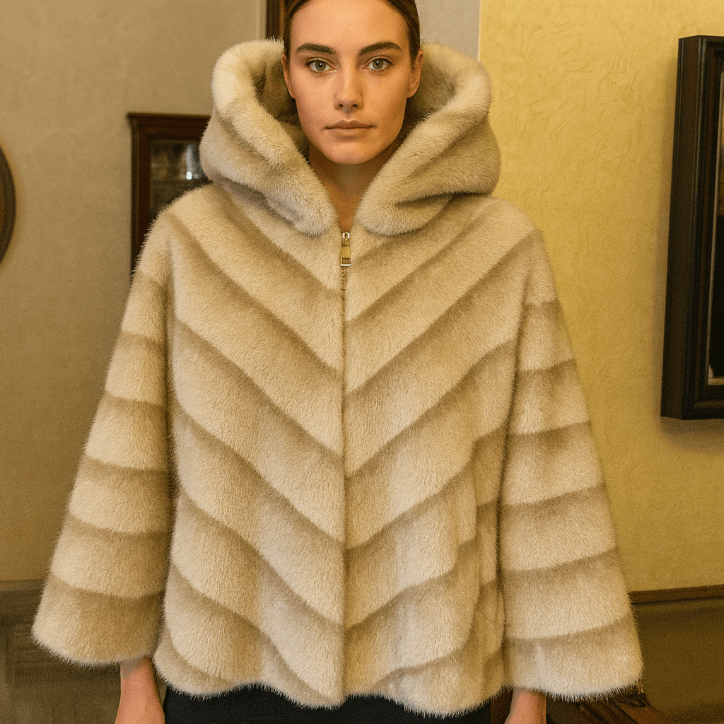 “Luxurious faux - fur jacket featuring soft chevron stripes, a full hood, and wide sleeves. Warm, stylish, and perfect for elevating any winter outfit.” - Mega Discount Store LebanonLebanon