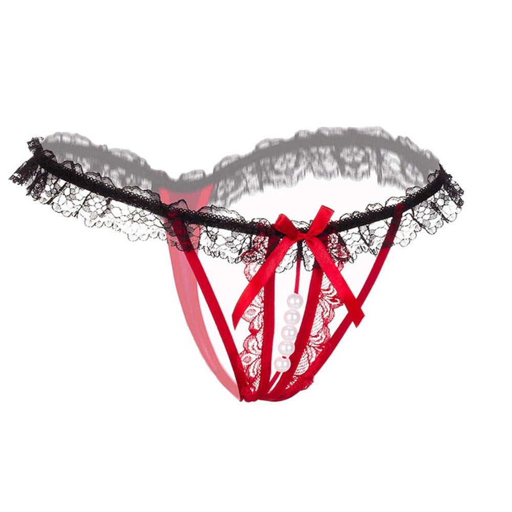 BEI WRH Lady Pierced Sexy Panties Temptation Lace Translucent T Underwear(Red)