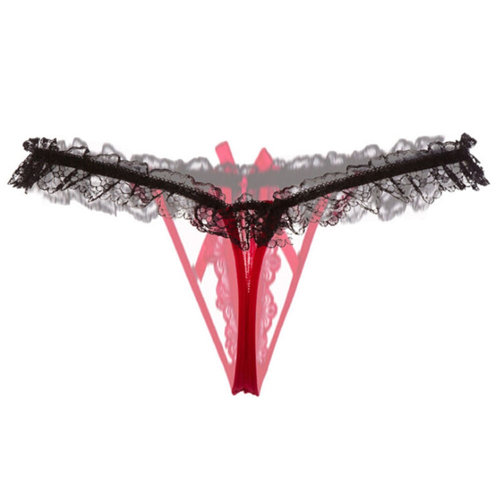BEI WRH Lady Pierced Sexy Panties Temptation Lace Translucent T Underwear(Red)