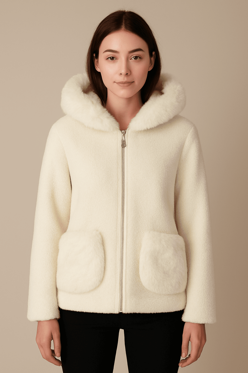 “A plush winter jacket crafted in soft cream fabric, designed with a cozy fur - lined hood and fluffy statement pockets. Its gentle texture and relaxed fit create an elegant, warm look—perfect for cold - weather outings and everyday comfort.” - Mega Discount Store LebanonLebanon