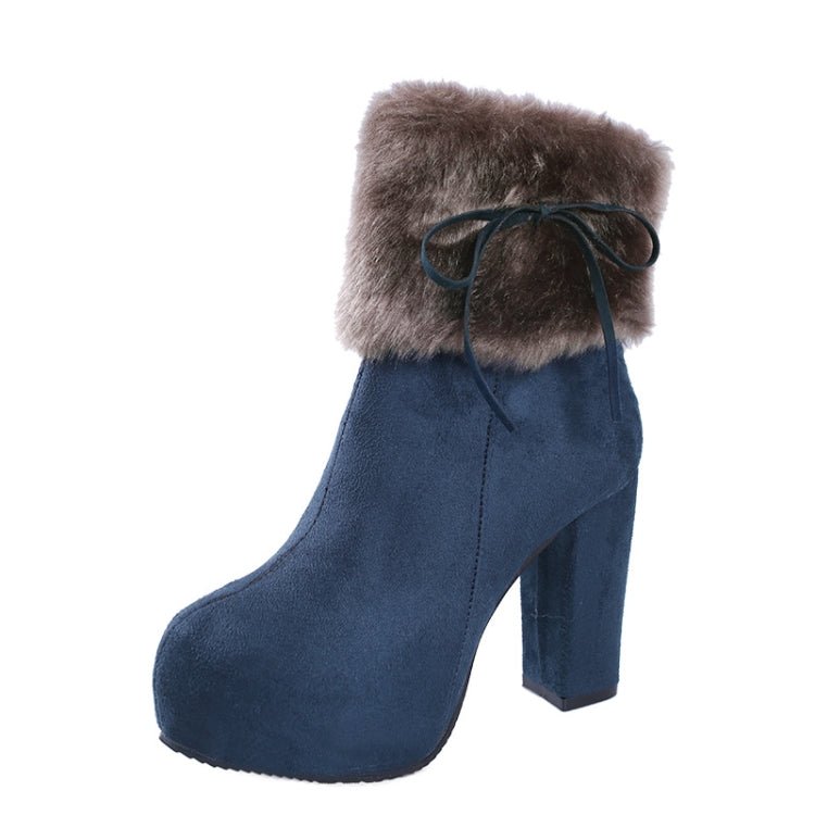 Autumn And Winter Thick High Heeled Padded Warm Suede Round Toe Boots, Size: 32(Blue) - Mega Discount Store LebanonLebanon
