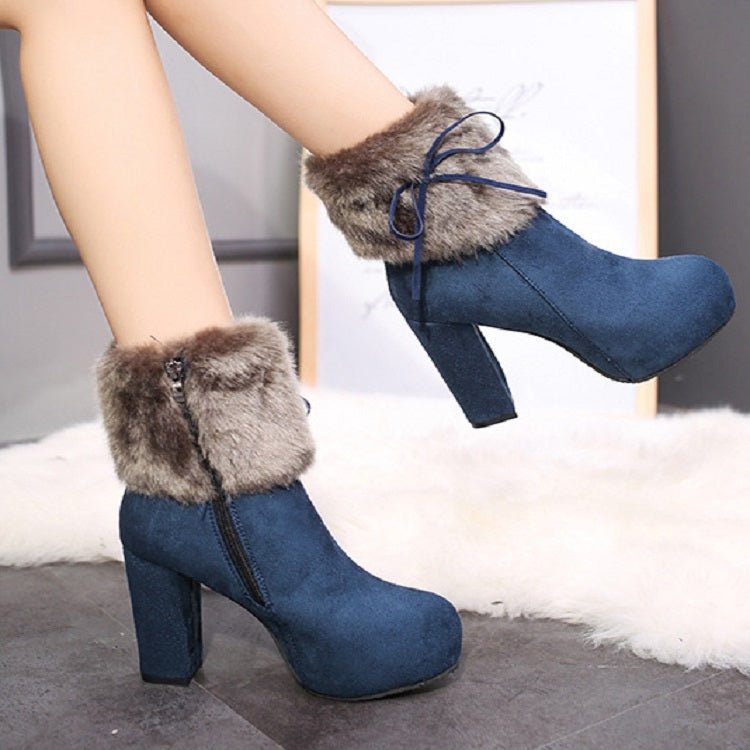 Autumn And Winter Thick High Heeled Padded Warm Suede Round Toe Boots, Size: 33(Blue) - Mega Discount Store LebanonLebanon