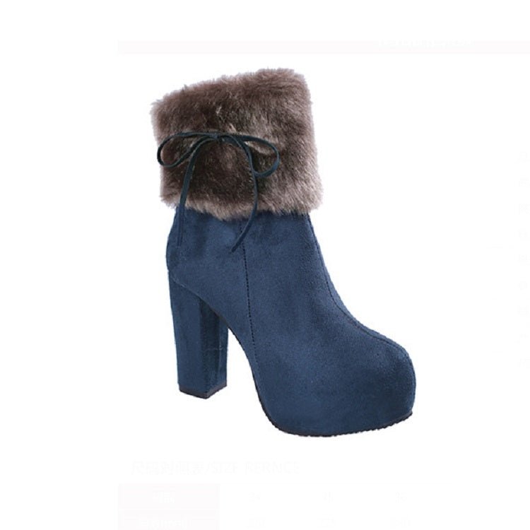 Autumn And Winter Thick High Heeled Padded Warm Suede Round Toe Boots, Size: 34(Blue) - Mega Discount Store LebanonLebanon