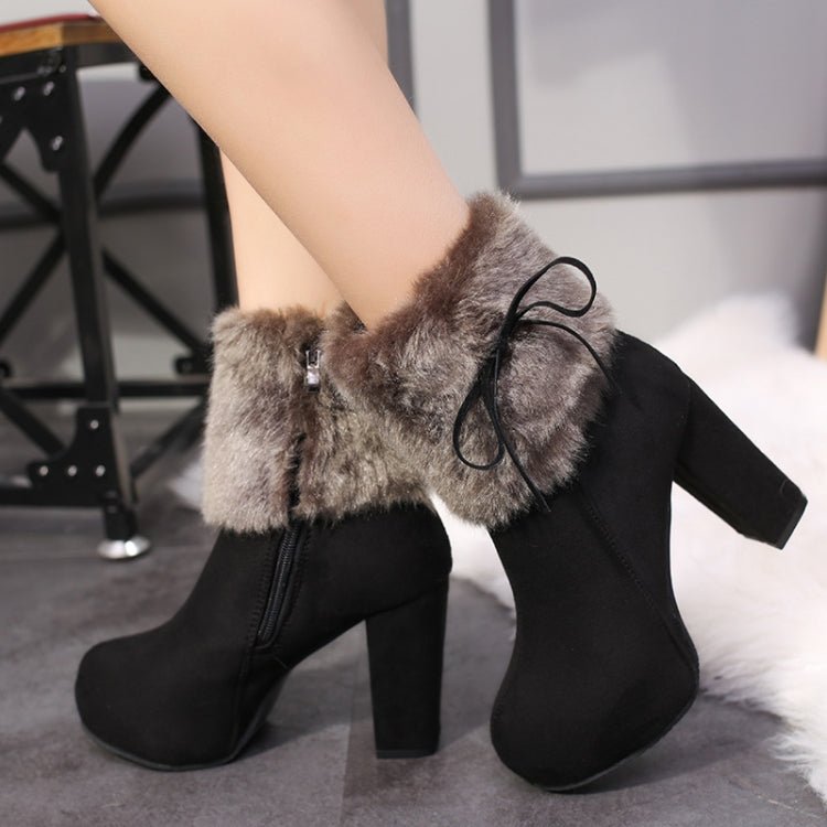 Autumn And Winter Thick High Heeled Padded Warm Suede Round Toe Boots, Size: 38(Black) - Mega Discount Store LebanonLebanon