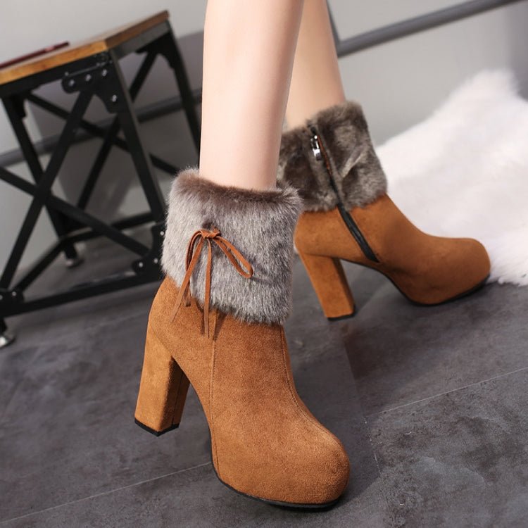 Autumn And Winter Thick High Heeled Padded Warm Suede Round Toe Boots, Size: 38(Camel) - Mega Discount Store LebanonLebanon