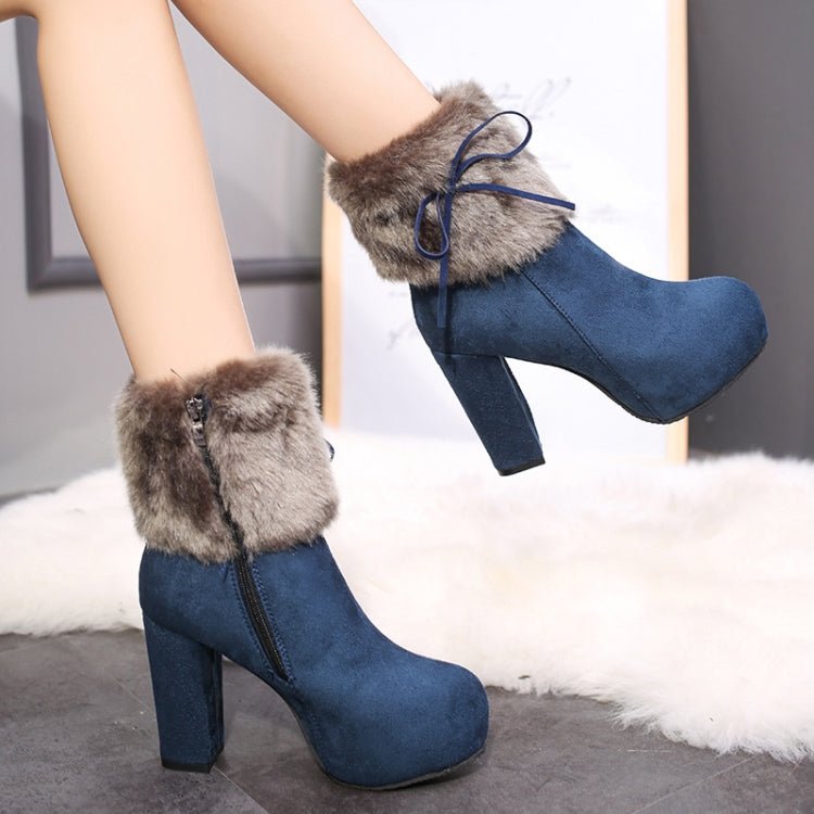 Autumn And Winter Thick High Heeled Padded Warm Suede Round Toe Boots, Size: 41(Blue) - Mega Discount Store LebanonLebanon