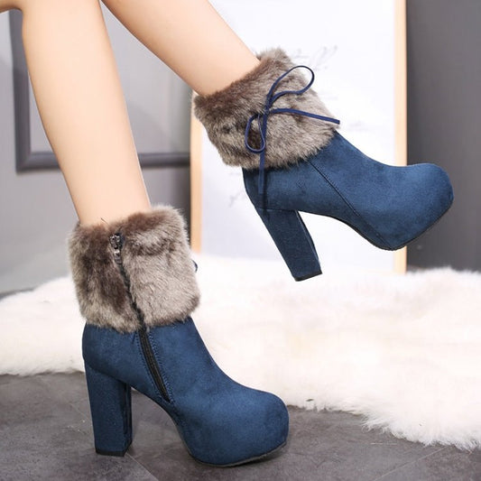 Autumn And Winter Thick High Heeled Padded Warm Suede Round Toe Boots, Size: 42(Blue) - Mega Discount Store LebanonLebanon