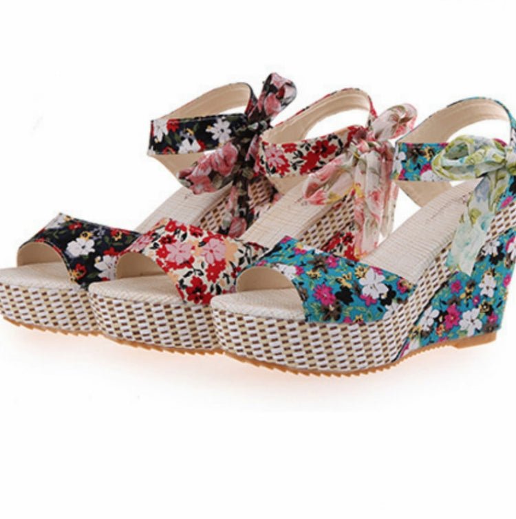 Bohemian Thick - Bottomed Fish Mouth Wedge With High - Heeled Flowers Wild Women's Shoes, Size:36(Black) - Mega Discount Store LebanonLebanon