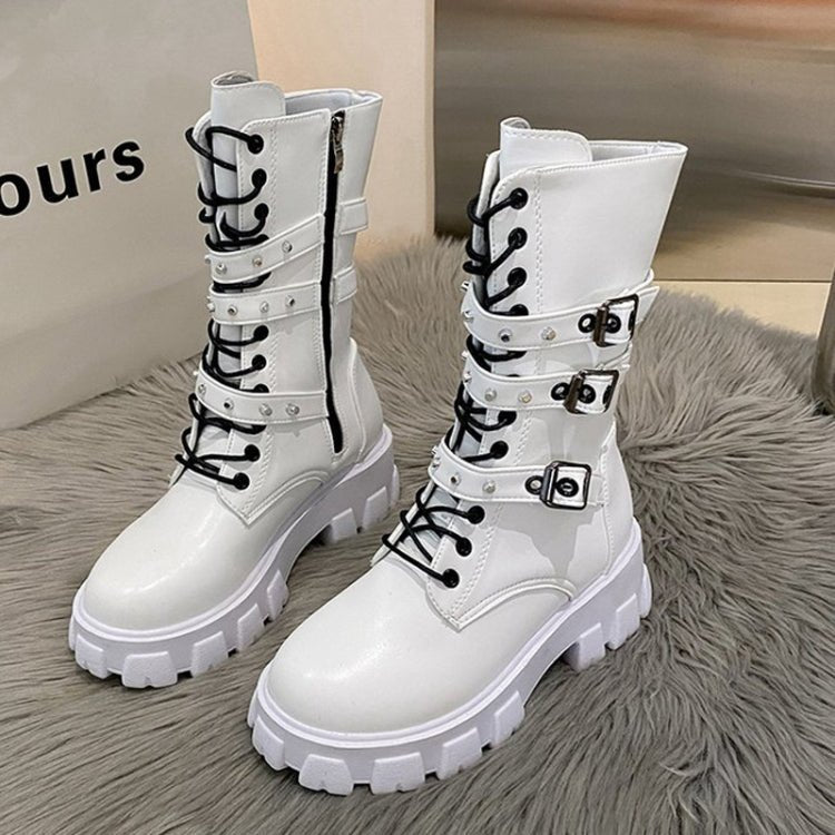 Fall Winter Women Thick Bottom Leather Boots Mid Calf Lace - up Side Zipper Botas, Size: 35(White) - Mega Discount Store LebanonLebanon