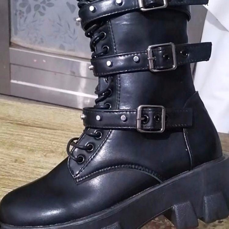 Fall Winter Women Thick Bottom Leather Boots Mid Calf Lace - up Side Zipper Botas, Size: 37(Black) - Mega Discount Store LebanonLebanon