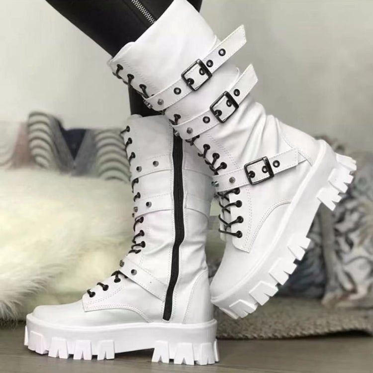 Fall Winter Women Thick Bottom Leather Boots Mid Calf Lace - up Side Zipper Botas, Size: 38(White) - Mega Discount Store LebanonLebanon