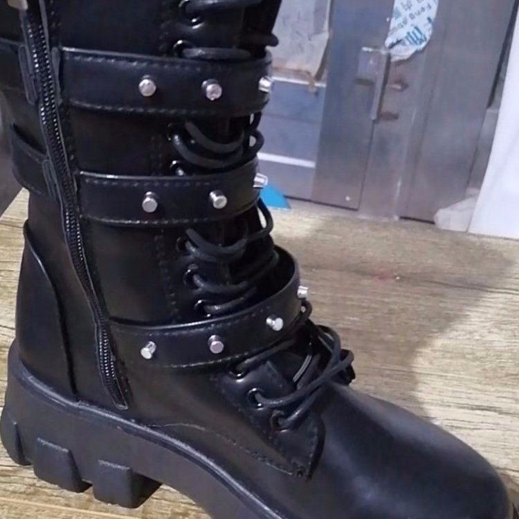 Fall Winter Women Thick Bottom Leather Boots Mid Calf Lace - up Side Zipper Botas, Size: 39(White) - Mega Discount Store LebanonLebanon