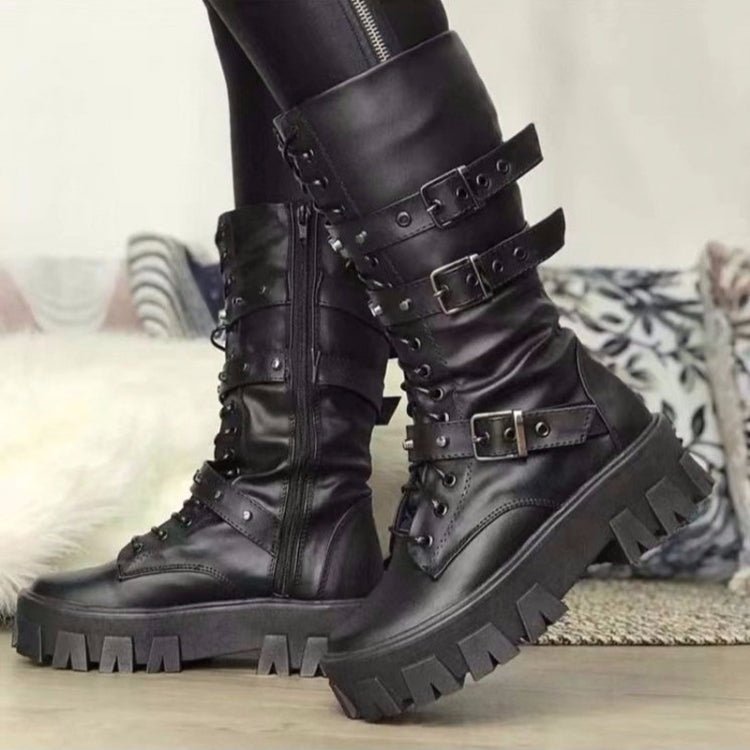 Fall Winter Women Thick Bottom Leather Boots Mid Calf Lace - up Side Zipper Botas, Size: 42(Black) - Mega Discount Store LebanonLebanon