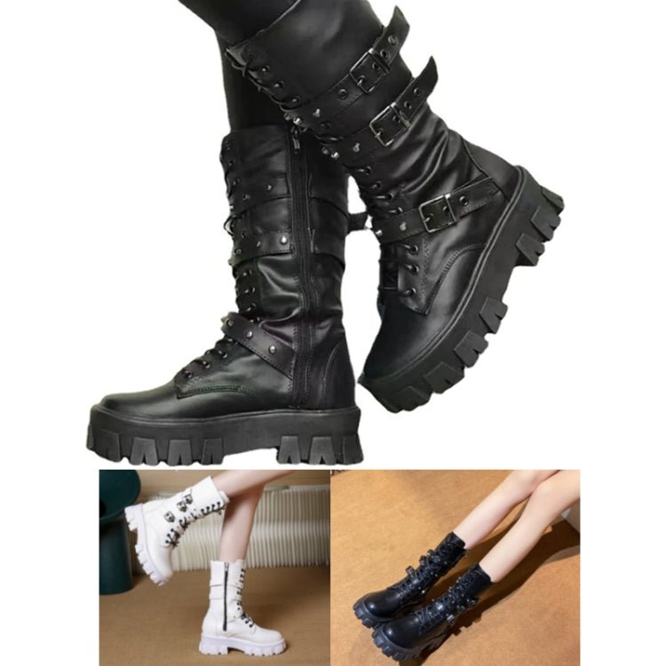 Fall Winter Women Thick Bottom Leather Boots Mid Calf Lace - up Side Zipper Botas, Size: 43(Black) - Mega Discount Store LebanonLebanon