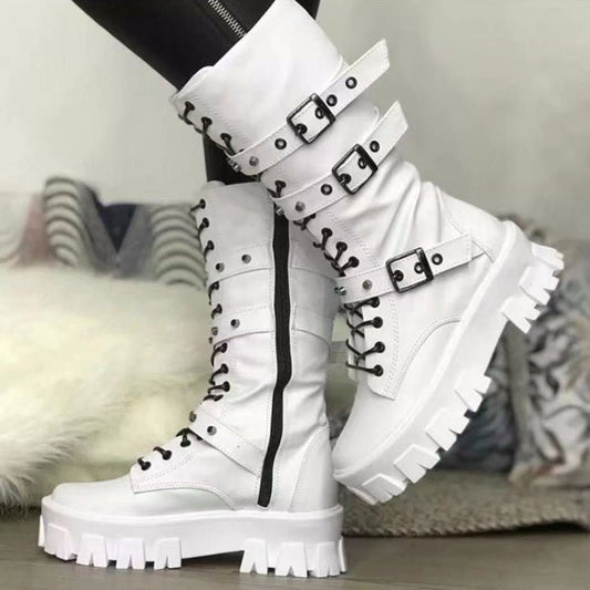 Fall Winter Women Thick Bottom Leather Boots Mid Calf Lace - up Side Zipper Botas, Size: 43(White) - Mega Discount Store LebanonLebanon