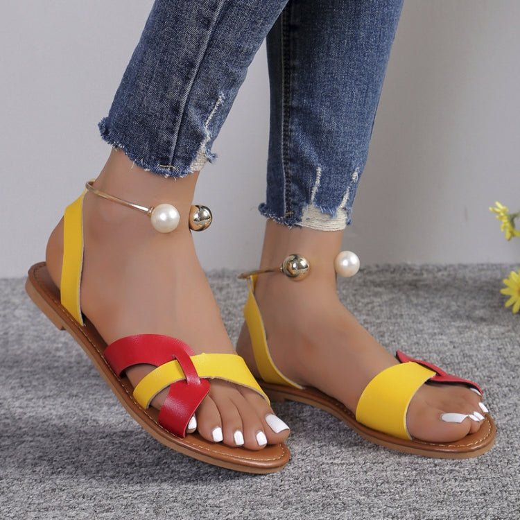 Flat Pearl Sandals Casual Women Sandals Summer Lightweight Metal Decor Women Shoes, Size: 37(Khaki White) - Mega Discount Store LebanonLebanon