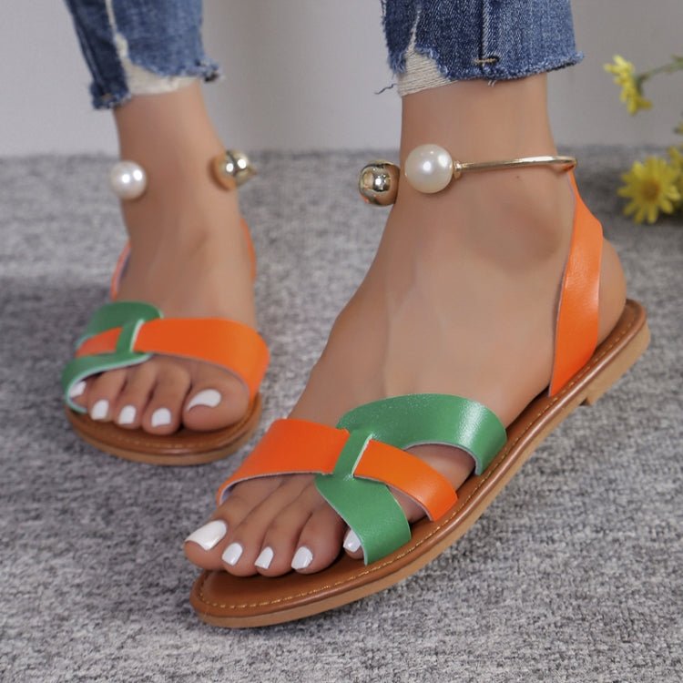 Flat Pearl Sandals Casual Women Sandals Summer Lightweight Metal Decor Women Shoes, Size: 39(Red Yellow) - Mega Discount Store LebanonLebanon