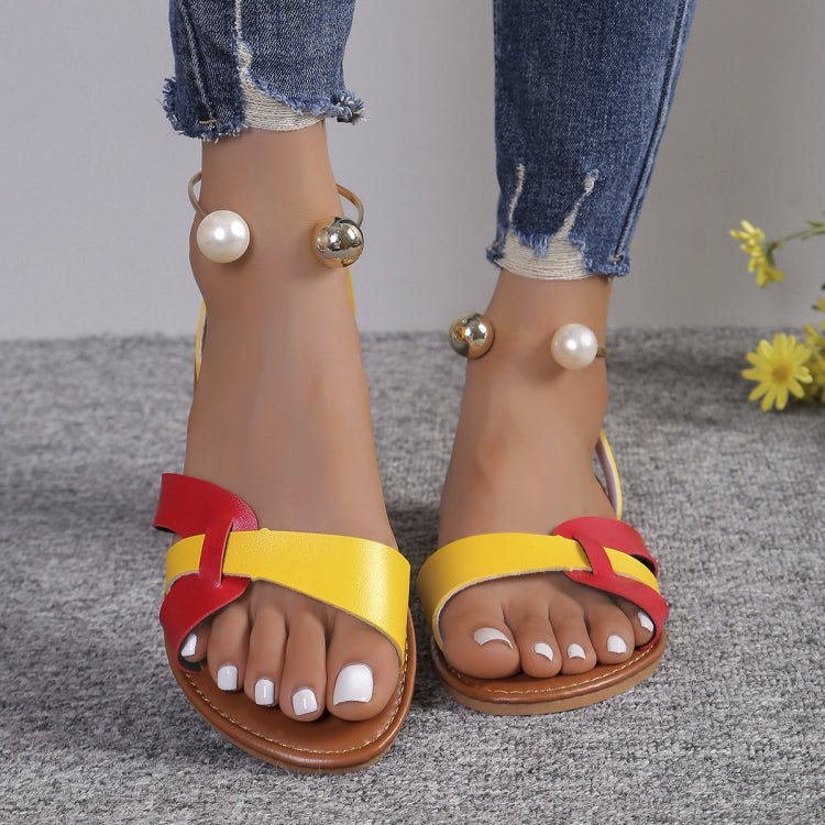 Flat Pearl Sandals Casual Women Sandals Summer Lightweight Metal Decor Women Shoes, Size: 40(Red Yellow) - Mega Discount Store LebanonLebanon