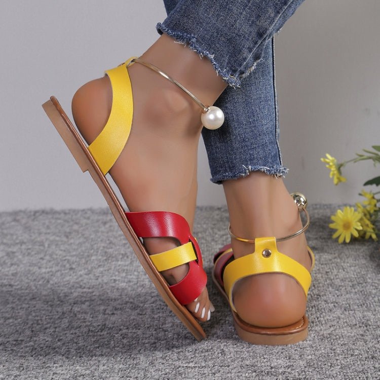 Flat Pearl Sandals Casual Women Sandals Summer Lightweight Metal Decor Women Shoes, Size: 42(Red Yellow) - Mega Discount Store LebanonLebanon