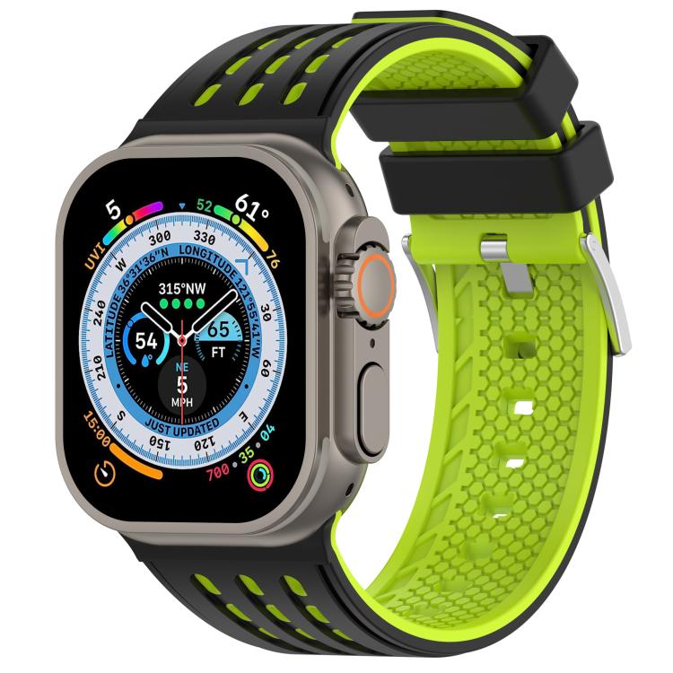 For Apple Watch 46mm/ 49mm / 45mm / 44mm Vertical Holes Dual - Color Breathable Silicone Watch Band(Black Green) - Mega Discount Store LebanonLebanon