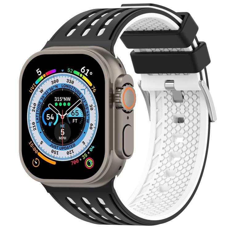 For Apple Watch 46mm/ 49mm / 45mm / 44mm Vertical Holes Dual - Color Breathable Silicone Watch Band(Black White) - Mega Discount Store LebanonLebanon