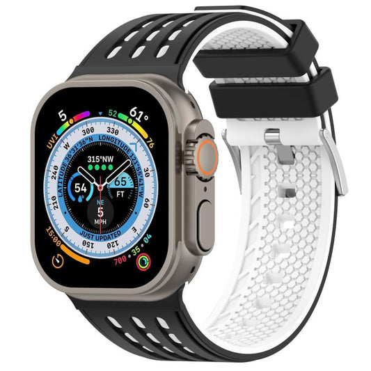 For Apple Watch 46mm/ 49mm / 45mm / 44mm Vertical Holes Dual - Color Breathable Silicone Watch Band(Black White) - Mega Discount Store LebanonLebanon