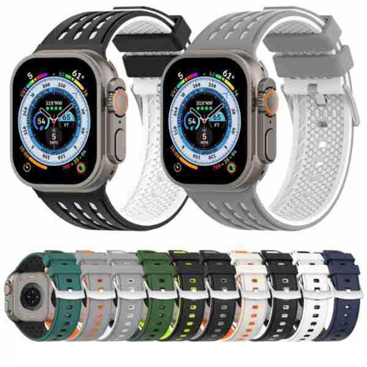 For Apple Watch 46mm/ 49mm / 45mm / 44mm Vertical Holes Dual - Color Breathable Silicone Watch Band(White Black) - Mega Discount Store LebanonLebanon