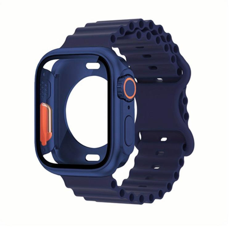 For Apple Watch Series 41mm Butterfly Buckle Ocean Silicone Watch Band with Film Integrated PC Case(Dark Blue) - Mega Discount Store LebanonLebanon