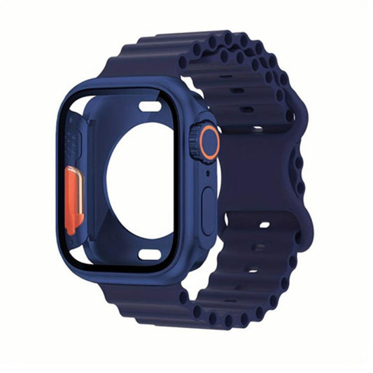 For Apple Watch Series 41mm Butterfly Buckle Ocean Silicone Watch Band with Film Integrated PC Case(Dark Blue) - Mega Discount Store LebanonLebanon