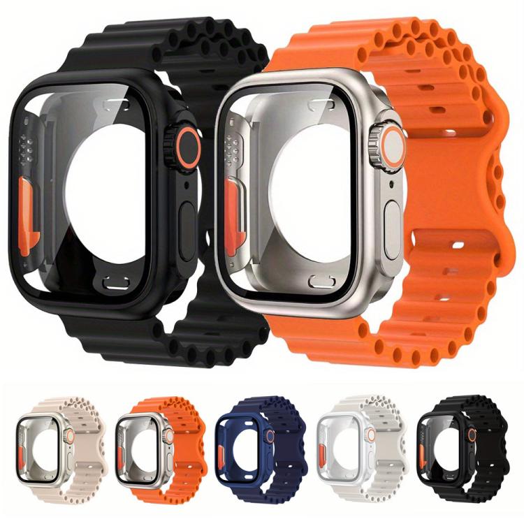 For Apple Watch Series 41mm Butterfly Buckle Ocean Silicone Watch Band with Film Integrated PC Case(Orange) - Mega Discount Store LebanonLebanon