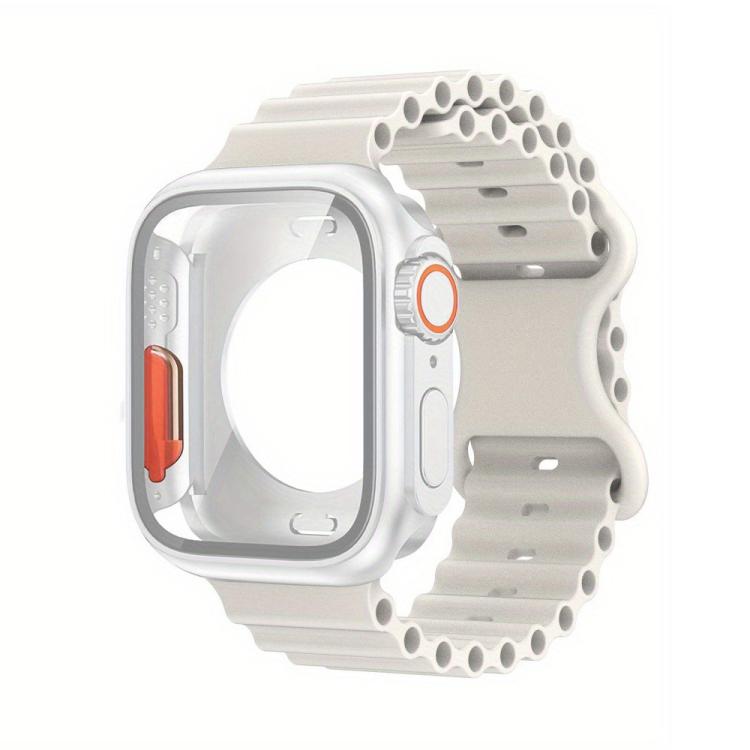 For Apple Watch Series 41mm Butterfly Buckle Ocean Silicone Watch Band with Film Integrated PC Case(White) - Mega Discount Store LebanonLebanon