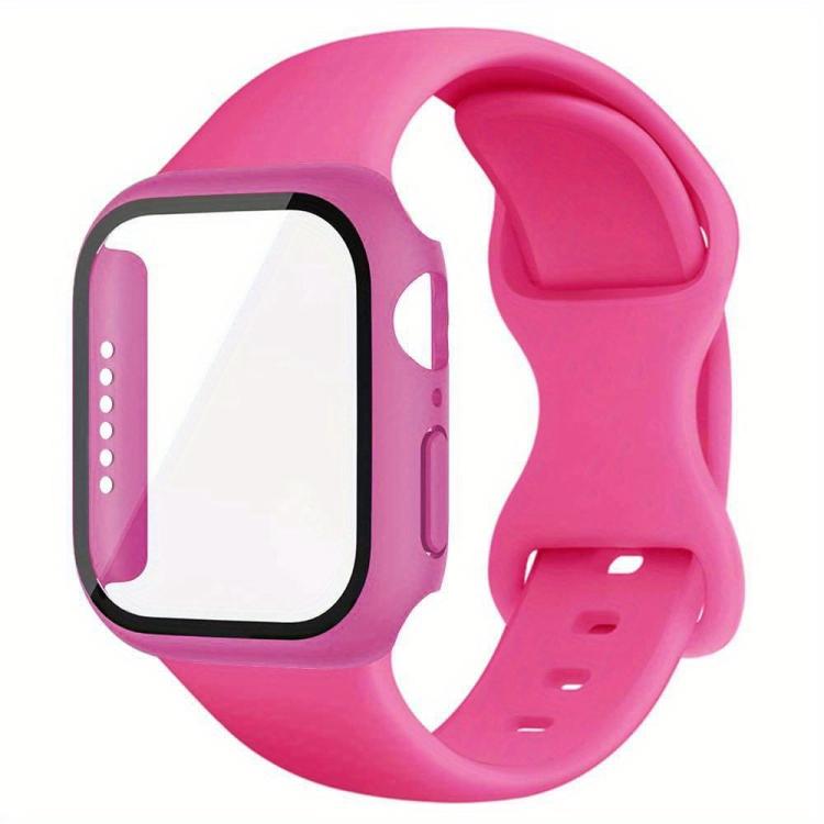 For Apple Watch Series 41mm Butterfly Buckle Silicone Watch Band with Film Integrated PC Cover(Rose Red) - Mega Discount Store LebanonLebanon