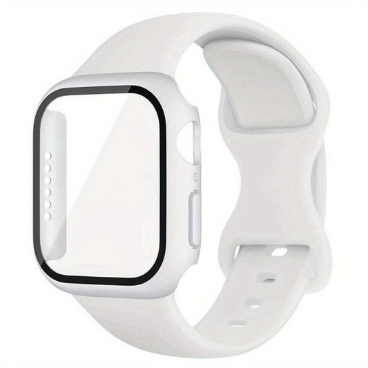 For Apple Watch Series 41mm Butterfly Buckle Silicone Watch Band with Film Integrated PC Cover(White) - Mega Discount Store LebanonLebanon