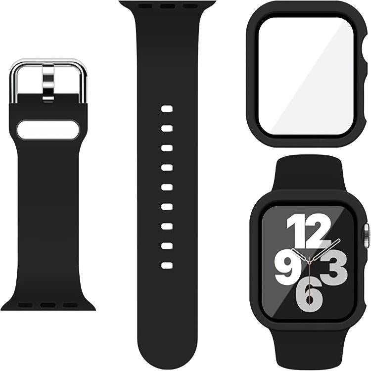 For Apple Watch Series 41mm Pin Buckle Silicone Watch Band with Film Integrated PC Case(Black) - Mega Discount Store LebanonLebanon