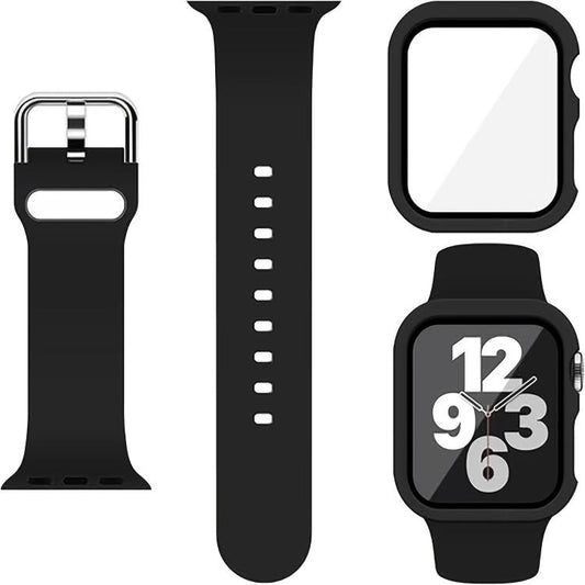 For Apple Watch Series 41mm Pin Buckle Silicone Watch Band with Film Integrated PC Case(Black) - Mega Discount Store LebanonLebanon