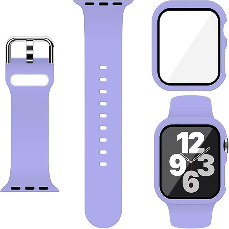 For Apple Watch Series 41mm Pin Buckle Silicone Watch Band with Film Integrated PC Case(Purple) - Mega Discount Store LebanonLebanon