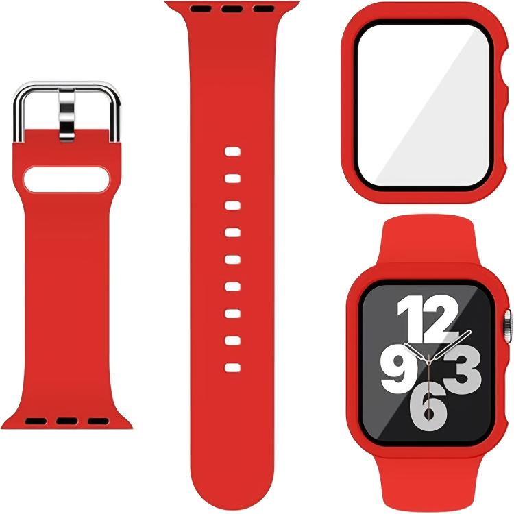 For Apple Watch Series 41mm Pin Buckle Silicone Watch Band with Film Integrated PC Case(Red) - Mega Discount Store LebanonLebanon