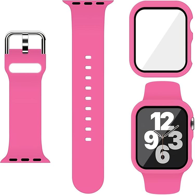 For Apple Watch Series 41mm Pin Buckle Silicone Watch Band with Film Integrated PC Case(Rose Red) - Mega Discount Store LebanonLebanon