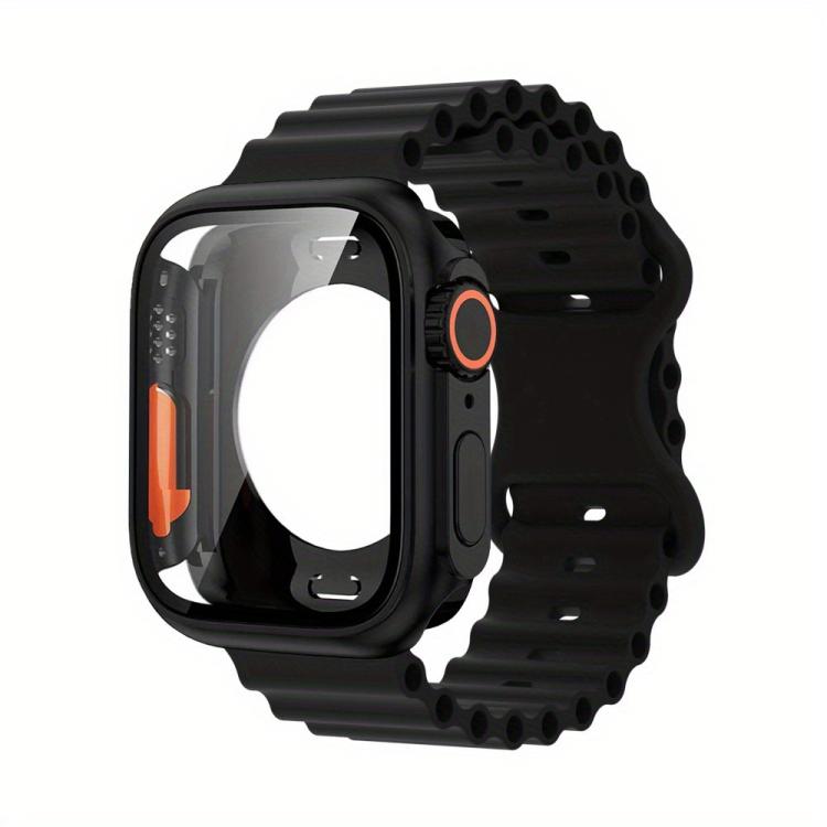 For Apple Watch Series 45mm Butterfly Buckle Ocean Silicone Watch Band with Film Integrated PC Case(Black) - Mega Discount Store LebanonLebanon