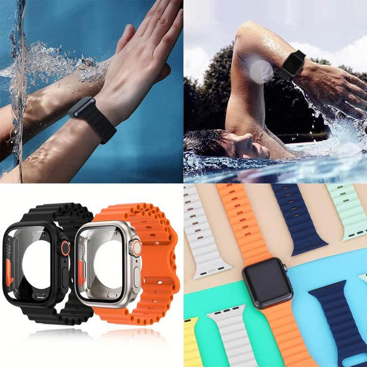 For Apple Watch Series 45mm Butterfly Buckle Ocean Silicone Watch Band with Film Integrated PC Case(Dark Blue) - Mega Discount Store LebanonLebanon