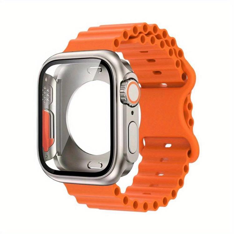 For Apple Watch Series 45mm Butterfly Buckle Ocean Silicone Watch Band with Film Integrated PC Case(Orange) - Mega Discount Store LebanonLebanon