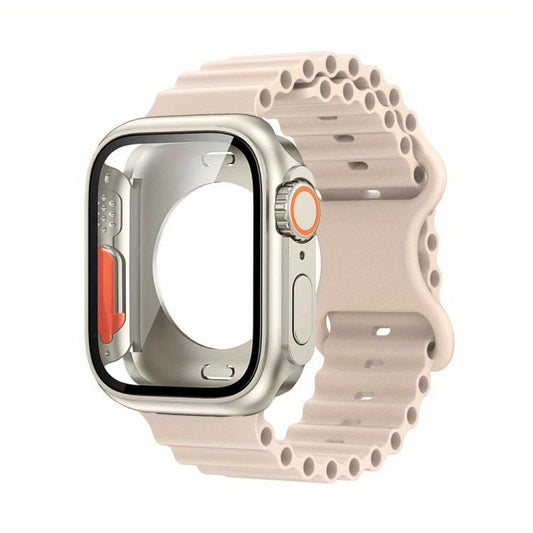 For Apple Watch Series 45mm Butterfly Buckle Ocean Silicone Watch Band with Film Integrated PC Case(Starlight) - Mega Discount Store LebanonLebanon