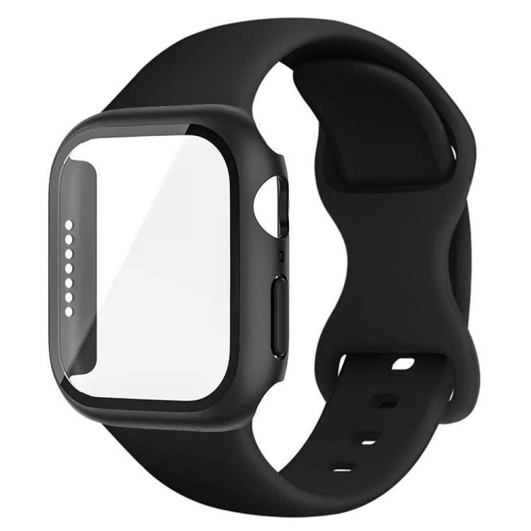 For Apple Watch Series 45mm Butterfly Buckle Silicone Watch Band with Film Integrated PC Cover(Black) - Mega Discount Store LebanonLebanon