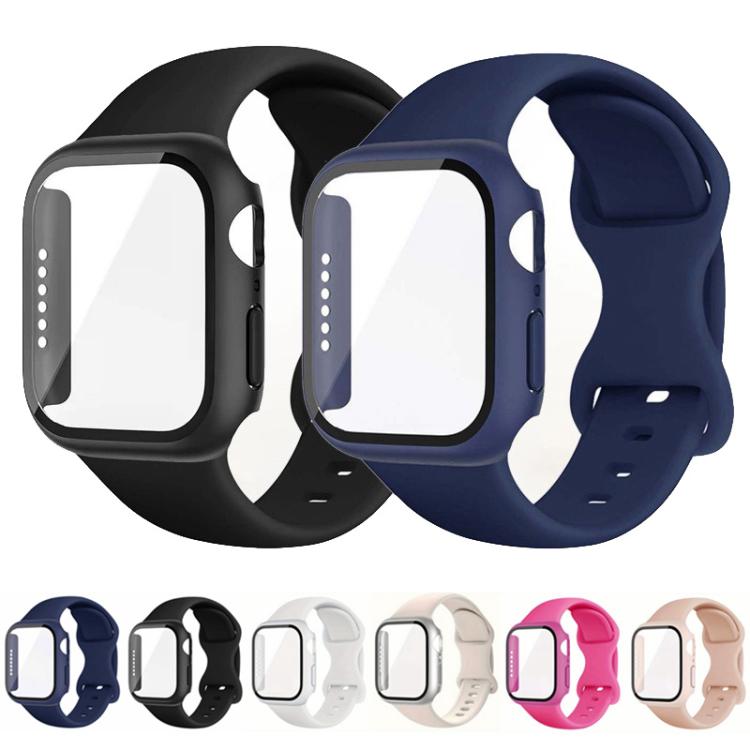 For Apple Watch Series 45mm Butterfly Buckle Silicone Watch Band with Film Integrated PC Cover(Black) - Mega Discount Store LebanonLebanon