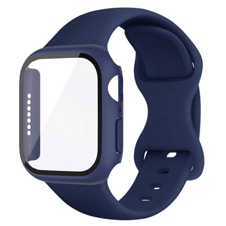 For Apple Watch Series 45mm Butterfly Buckle Silicone Watch Band with Film Integrated PC Cover(Midnight Blue) - Mega Discount Store LebanonLebanon