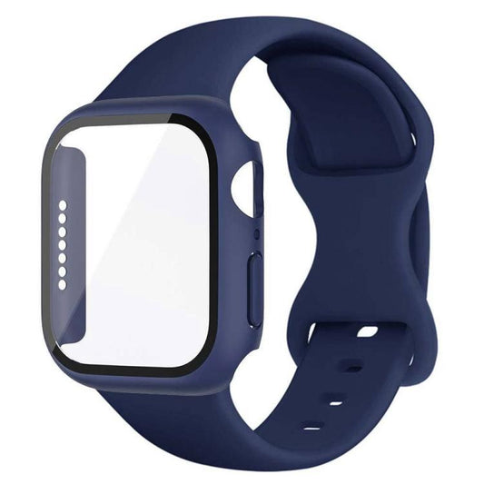 For Apple Watch Series 45mm Butterfly Buckle Silicone Watch Band with Film Integrated PC Cover(Midnight Blue) - Mega Discount Store LebanonLebanon