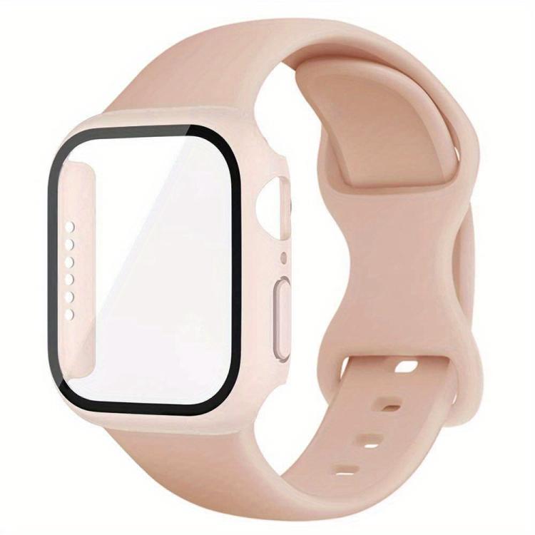 For Apple Watch Series 45mm Butterfly Buckle Silicone Watch Band with Film Integrated PC Cover(Pink) - Mega Discount Store LebanonLebanon
