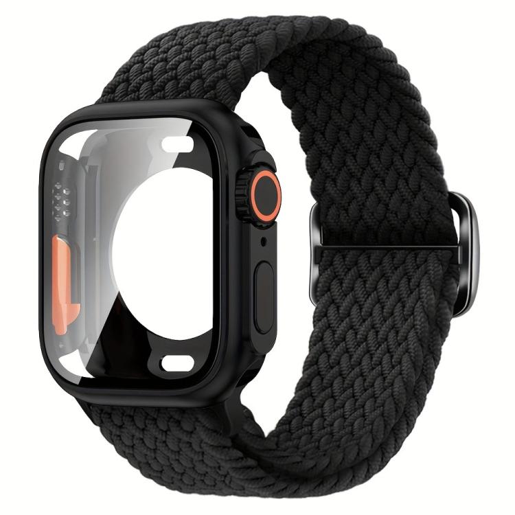 For Apple Watch Series 45mm Ladder Buckle Loop Nylon Watch Band with Change to Ultra 49mm Film PC Cover(Black) - Mega Discount Store LebanonLebanon