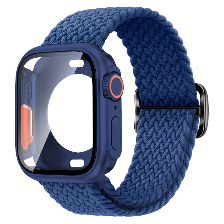 For Apple Watch Series 45mm Ladder Buckle Loop Nylon Watch Band with Change to Ultra 49mm Film PC Cover(Dark Blue) - Mega Discount Store LebanonLebanon