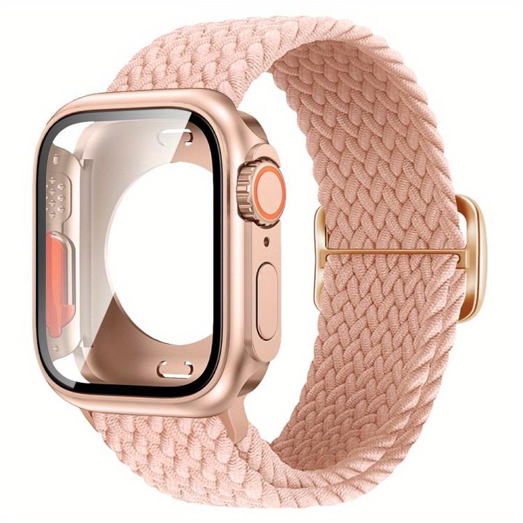 For Apple Watch Series 45mm Ladder Buckle Loop Nylon Watch Band with Change to Ultra 49mm Film PC Cover(Pink) - Mega Discount Store LebanonLebanon